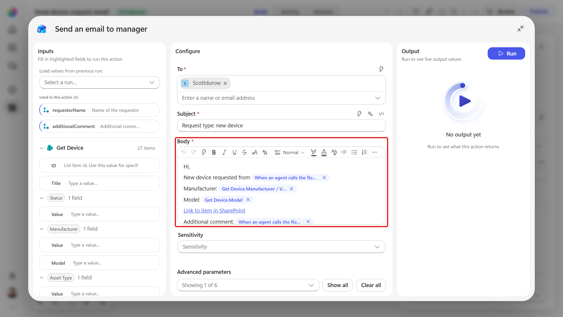 Configure the email body input parameter
