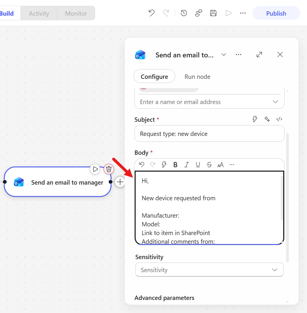 Configure the email body input parameter