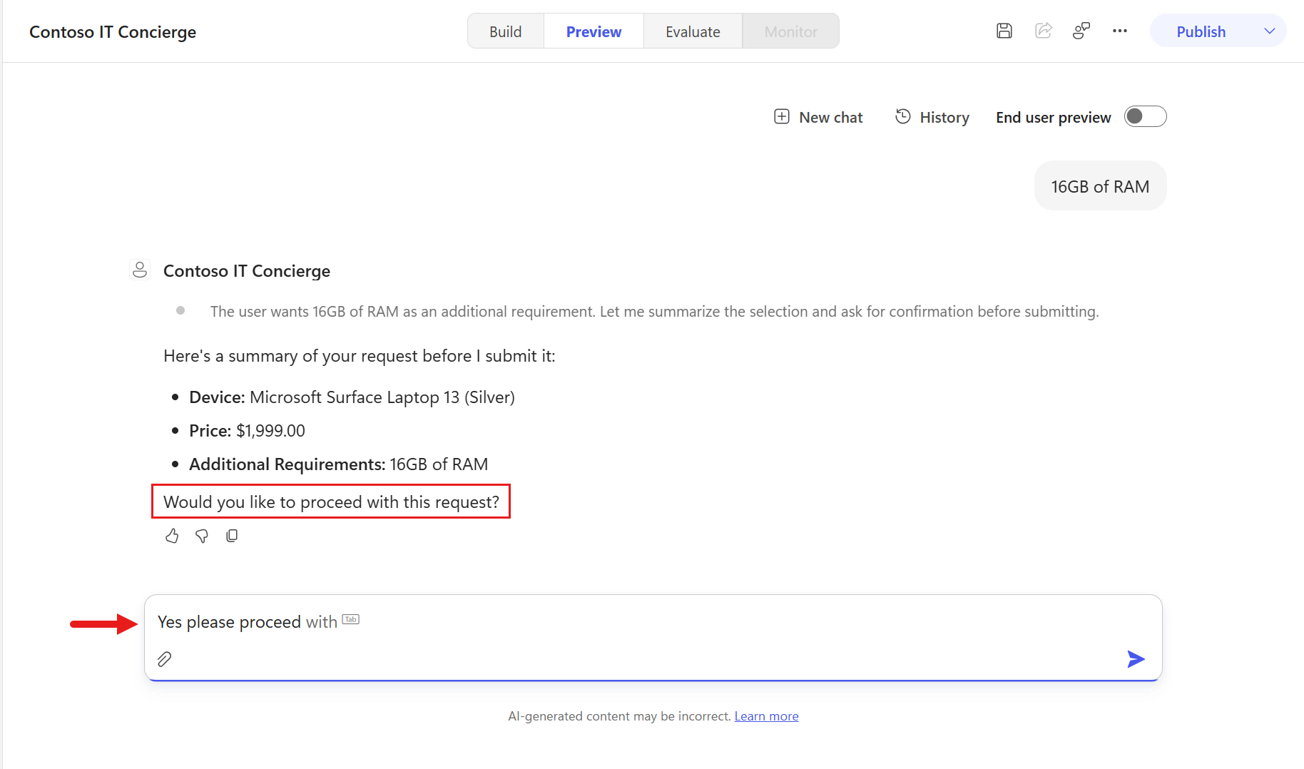 Confirm user wants to proceed with request