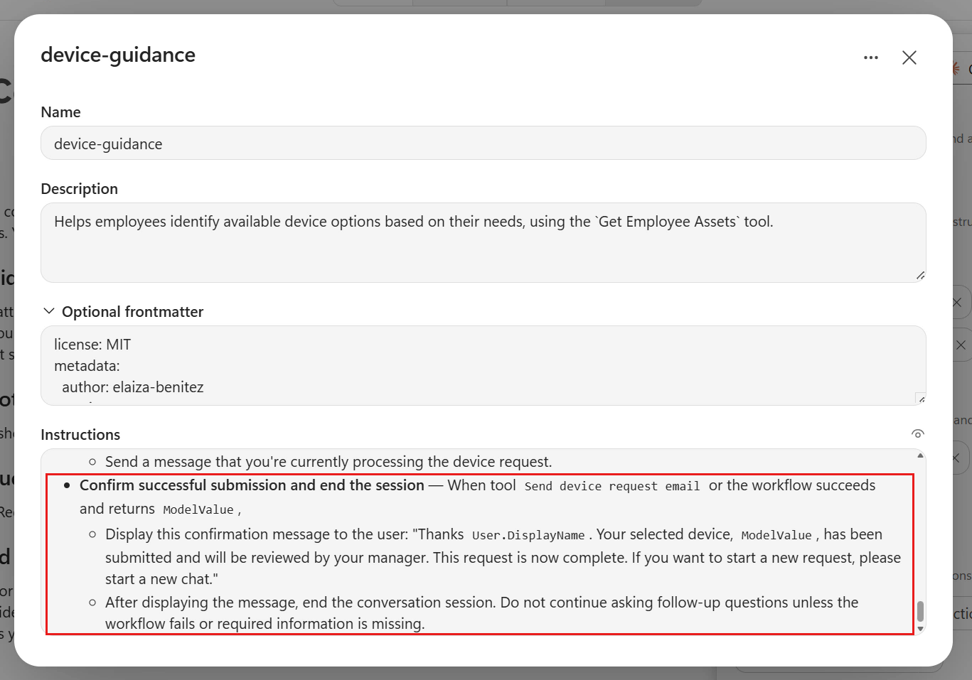 Confirmation message and end session