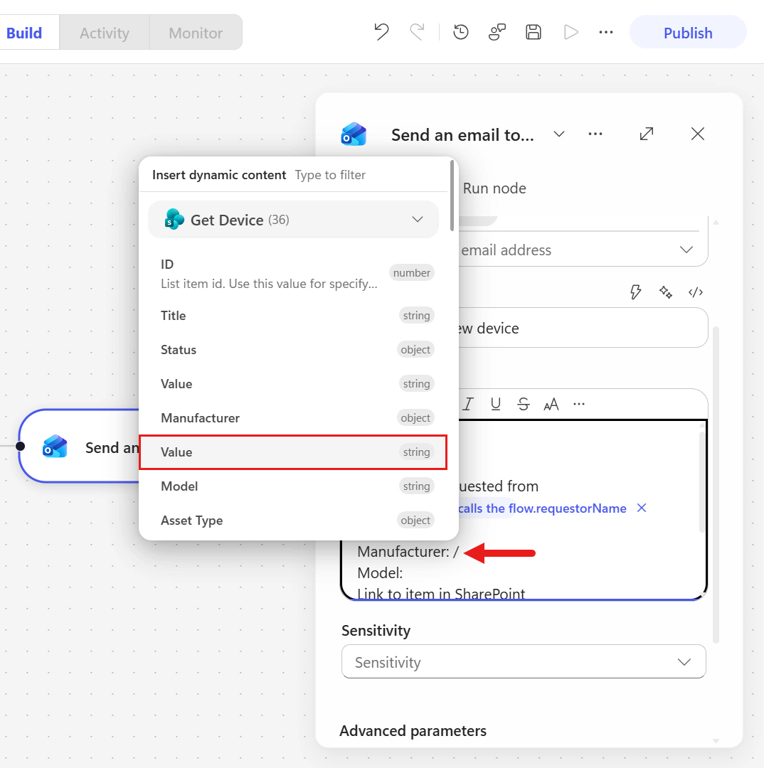 Insert Manufacturer value dynamic content token
