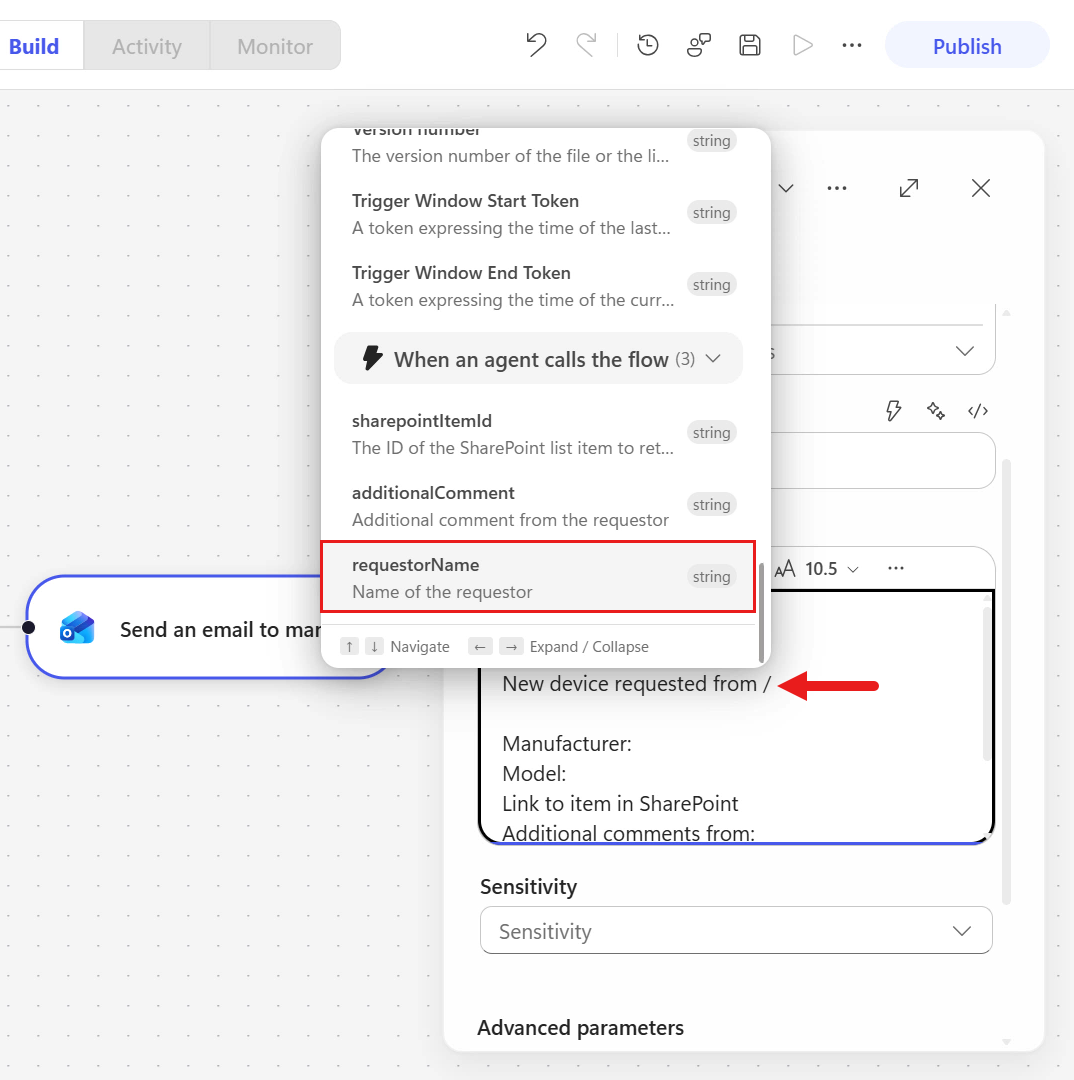 Insert requestorName dynamic content token