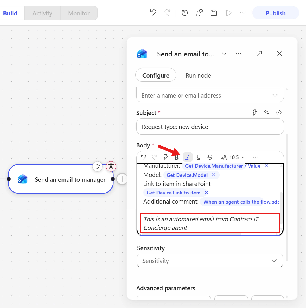 Italicize the final email sentence
