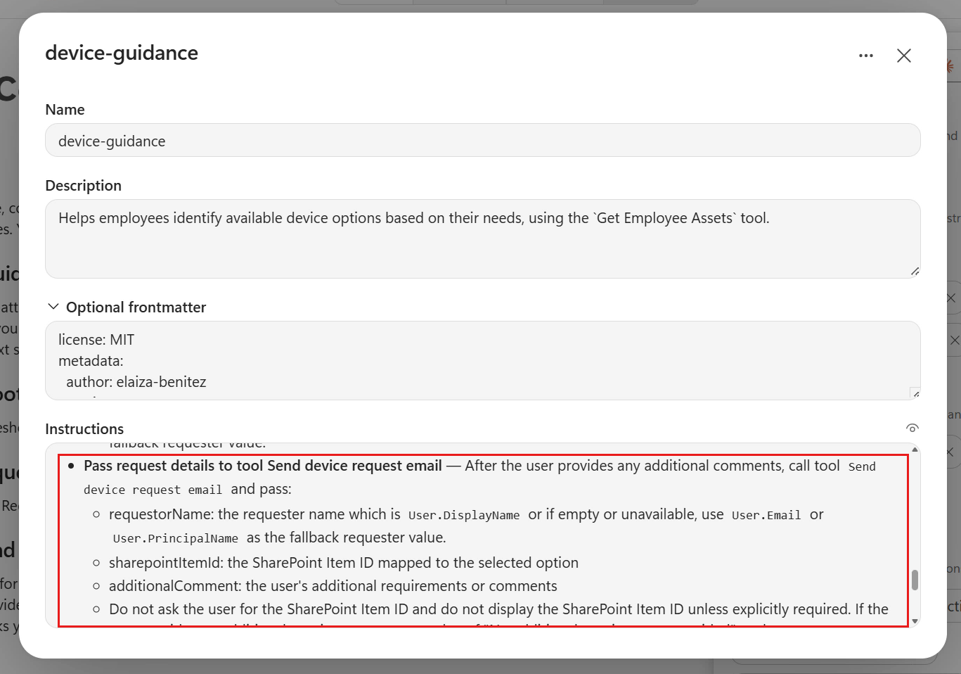 Review instructions for passing request details