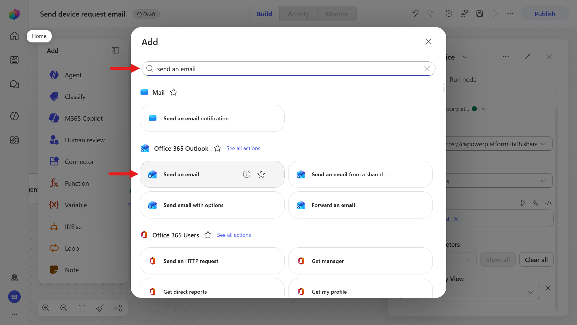 Select Send an email action