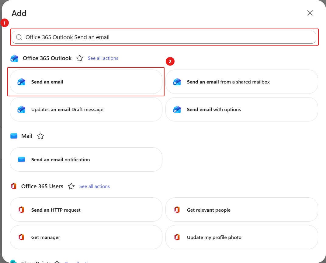 Select Send an email action