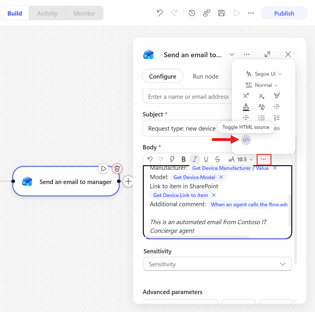 Toggle to HTML editor view