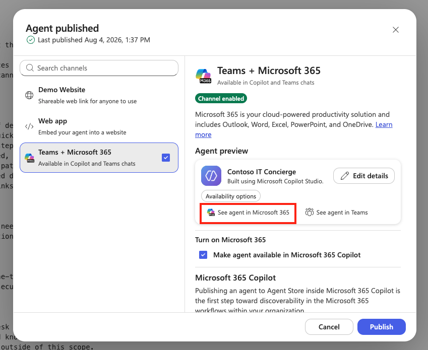Open the agent in Microsoft 365 Copilot