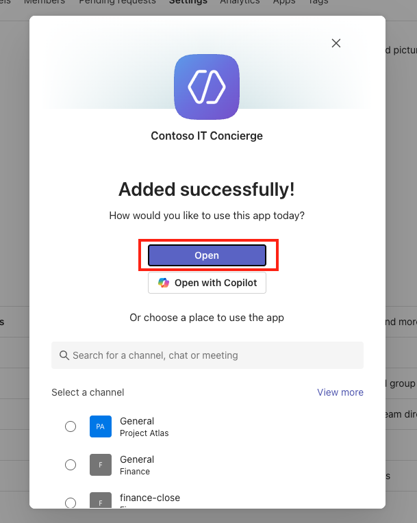 Open the installed agent in Teams