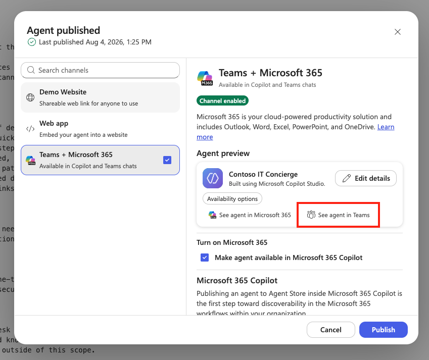 Open the published agent in Teams