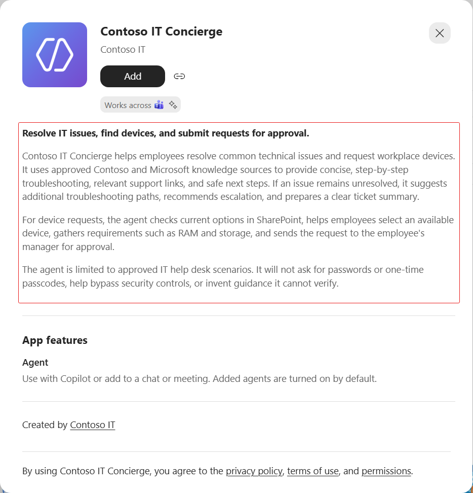 Review the agent listing in Teams