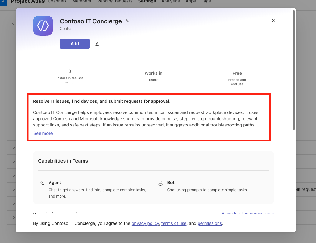 Review the agent listing in Teams