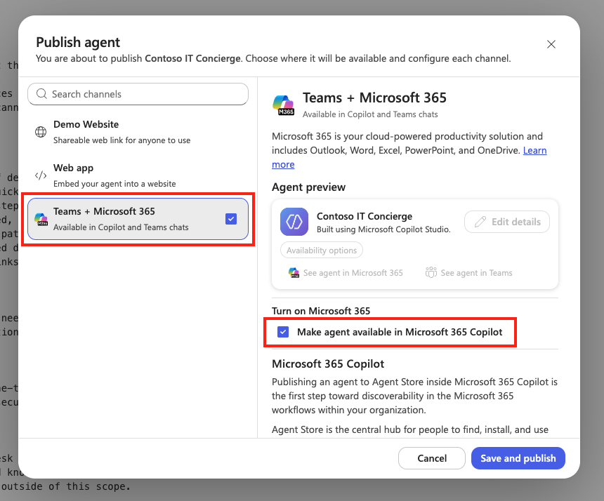 Select Teams and Microsoft 365 channel