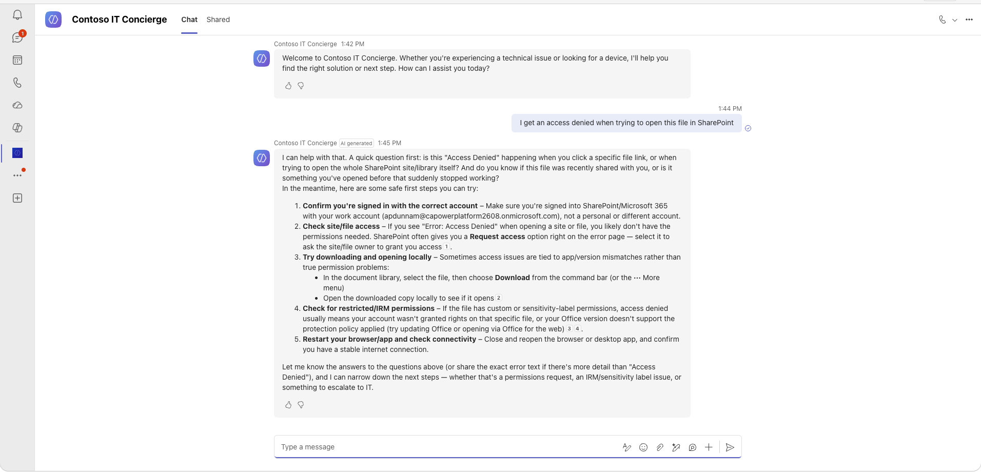 Test the published agent in Teams