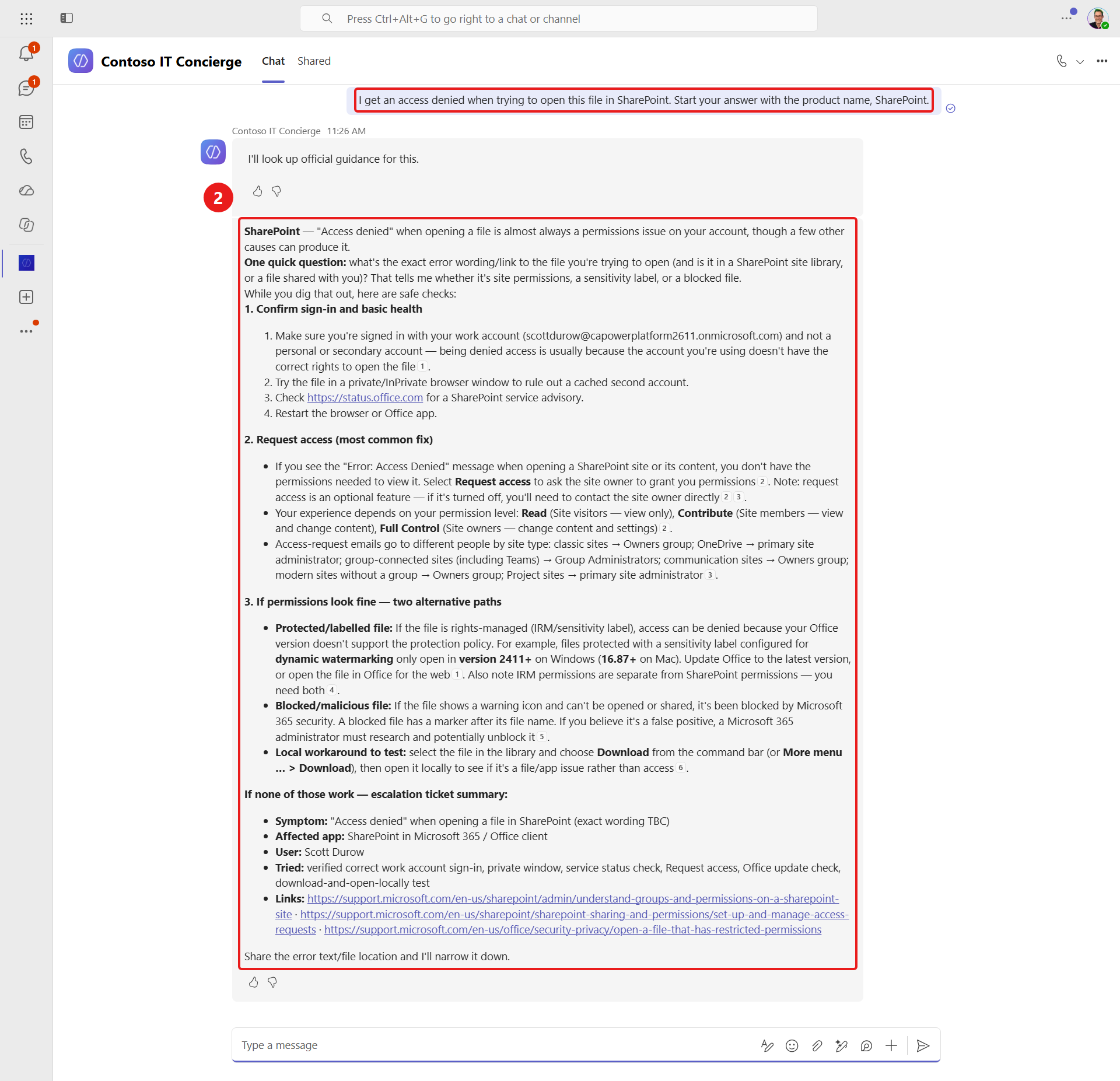 Test the published agent in Teams