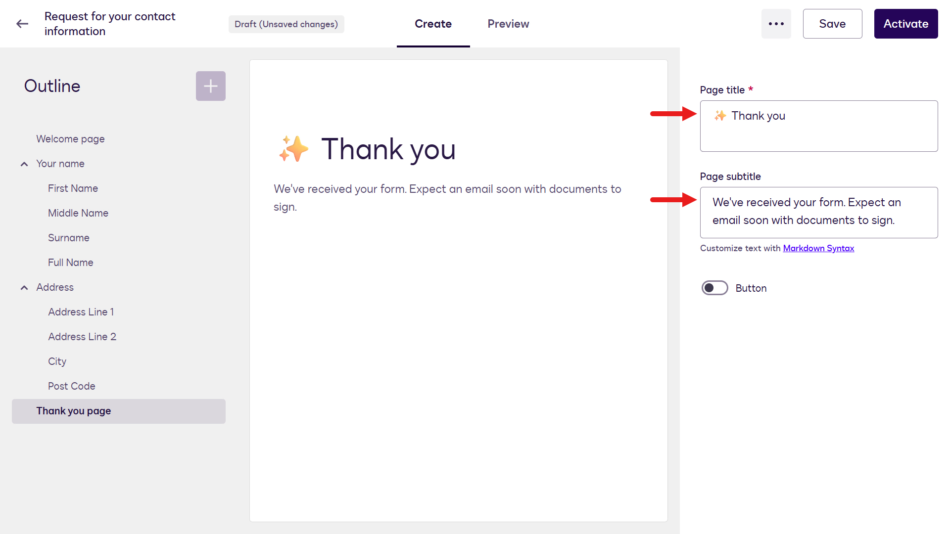 Update Thank you page details
