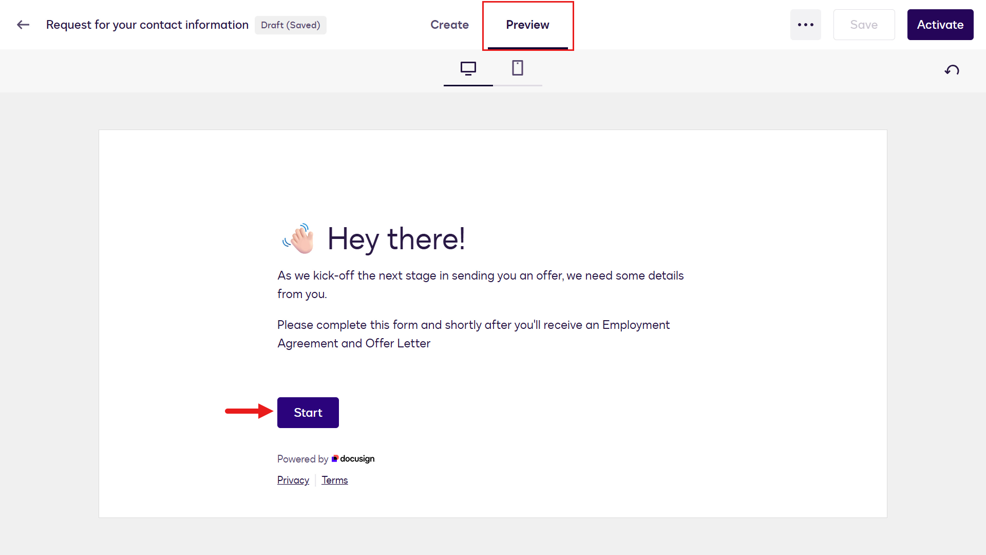 Select Preview to see the Web Form in preview mode