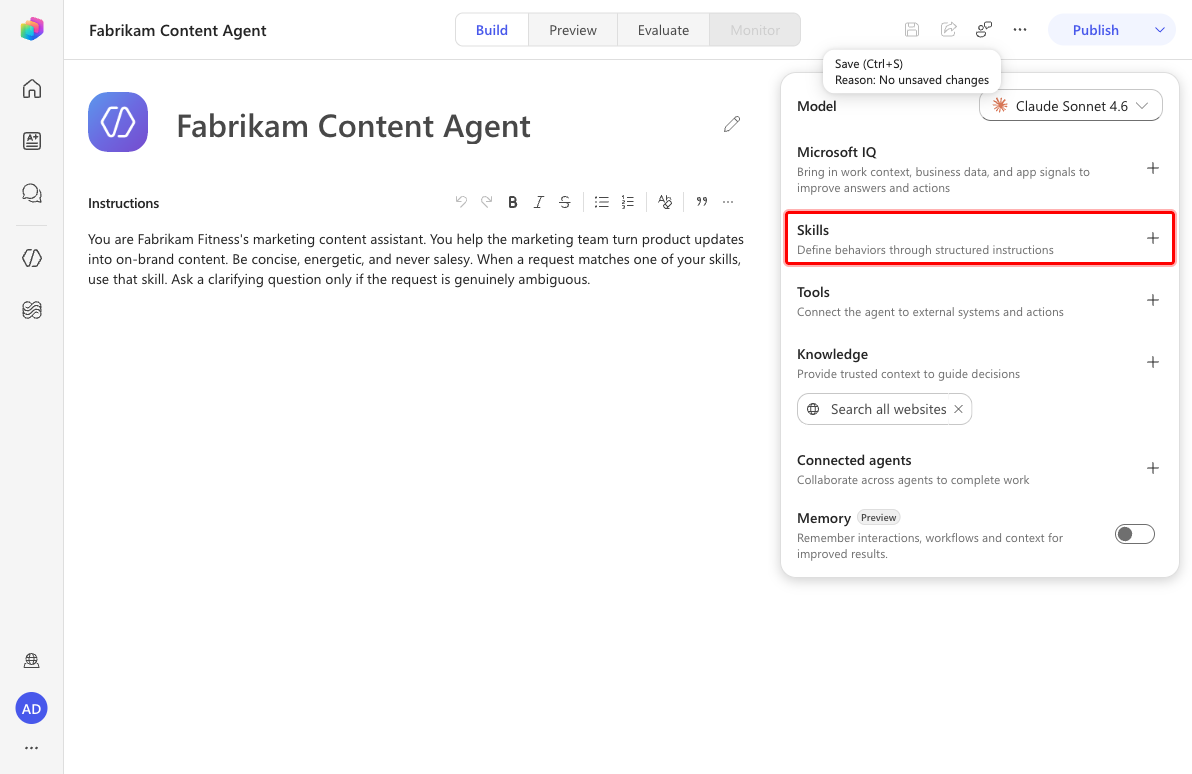Add skill card in the agent configuration panel