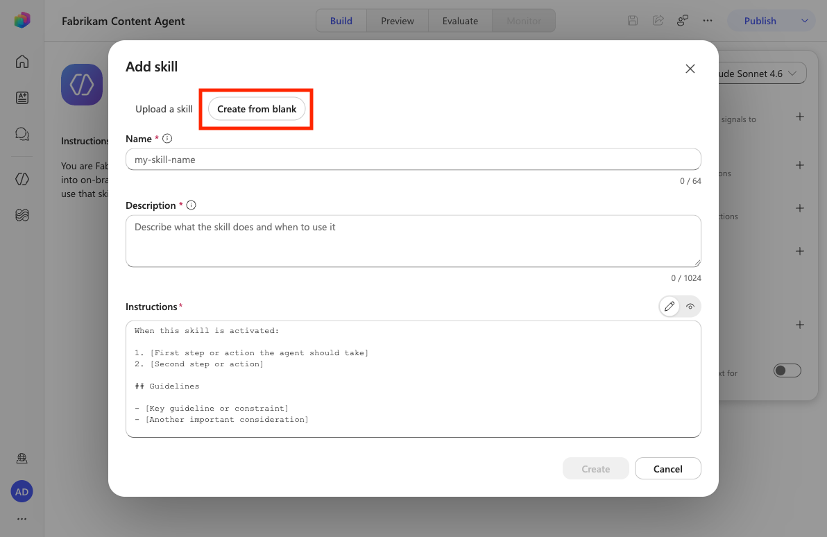 Create from blank tab in the Add skill dialog
