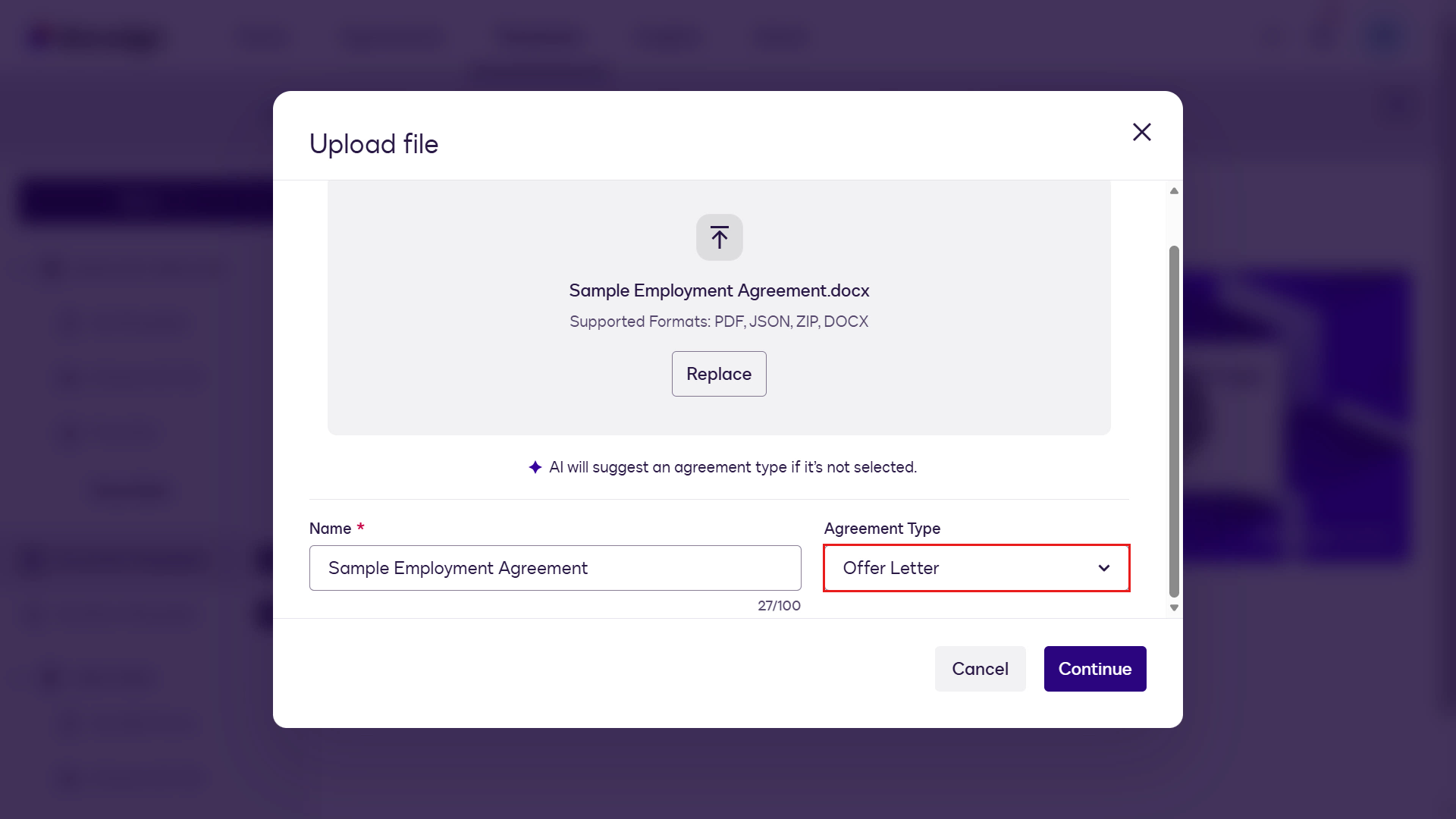 Select Offer Letter as the agreement type value