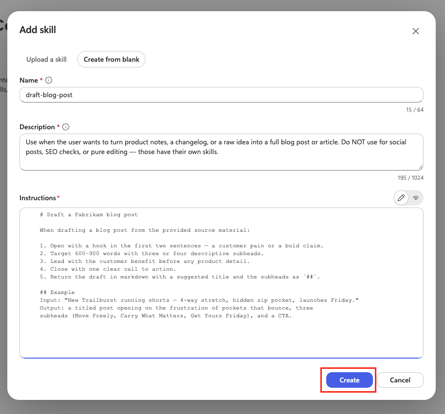 Completed draft blog post Skill configuration