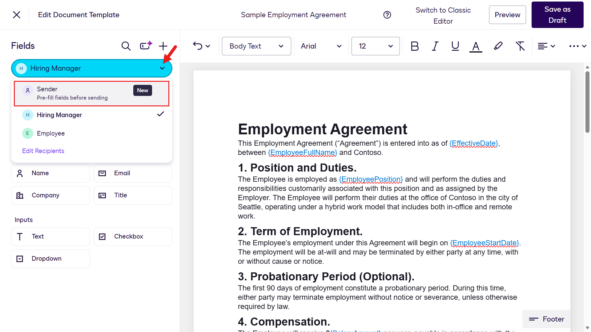 Select Sender role to add fields
