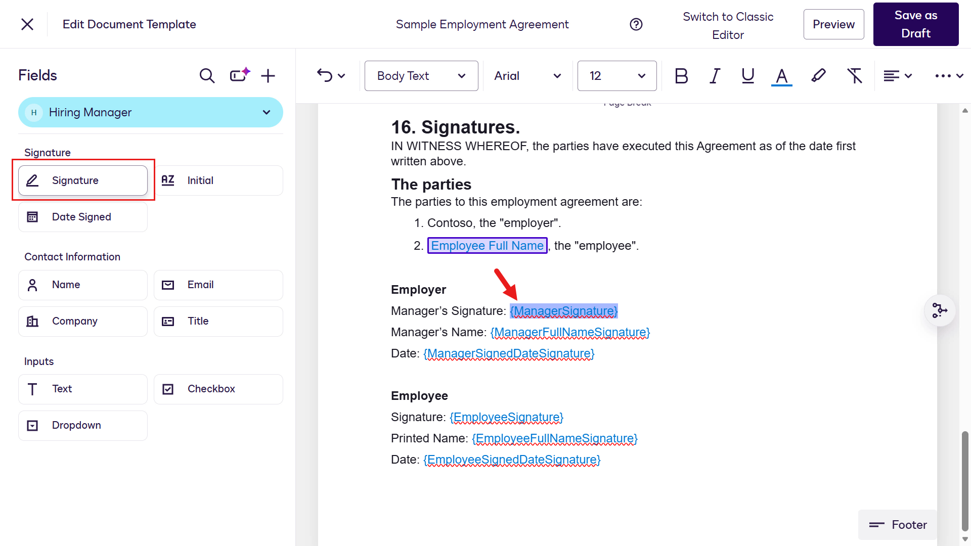 Select Signature field for the Manager Signature placeholder