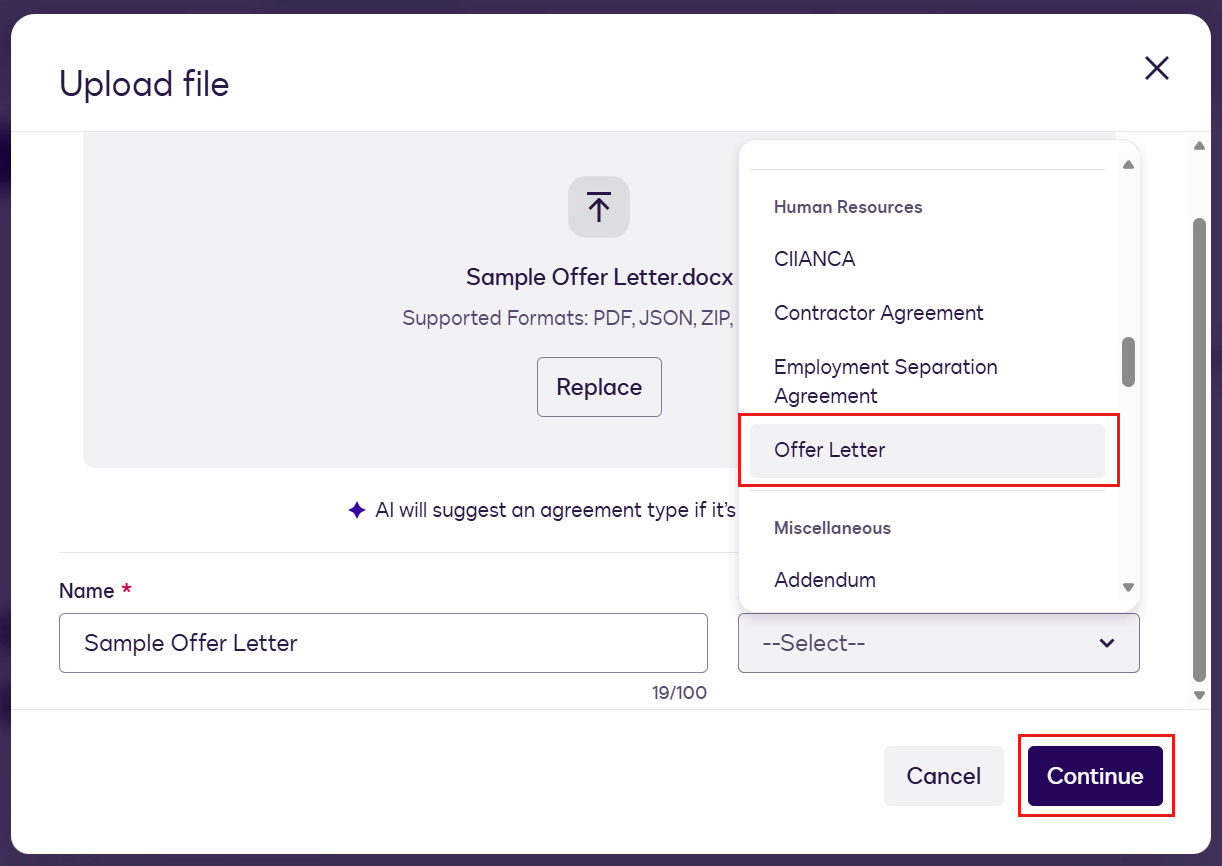 Upload Sample Offer Letter file to create a new document template