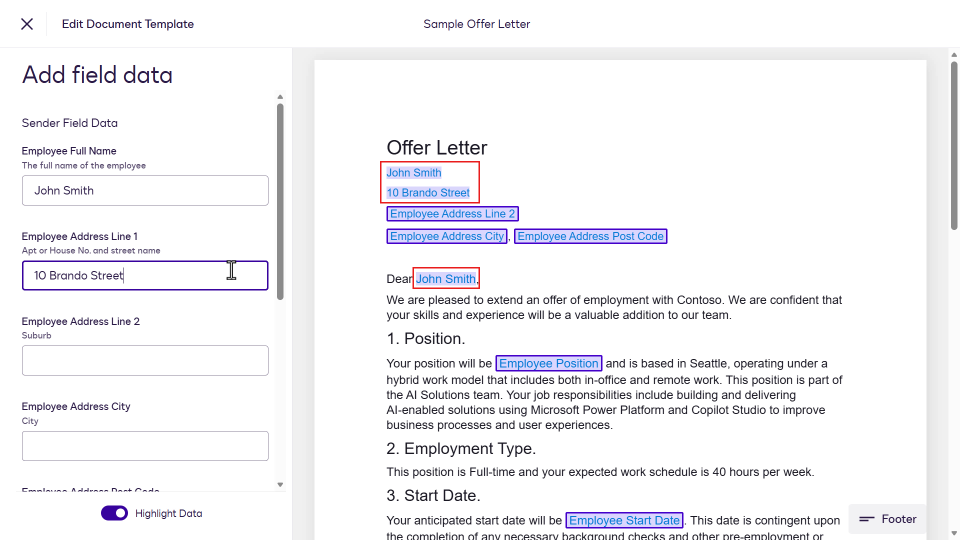 Select Preview to see the Document Template in preview mode