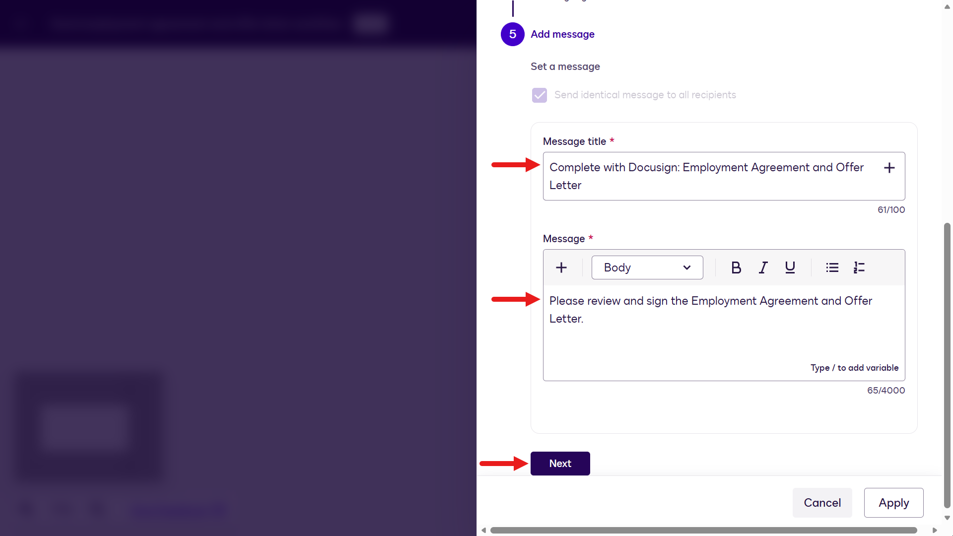 Configure Add message step and select Next