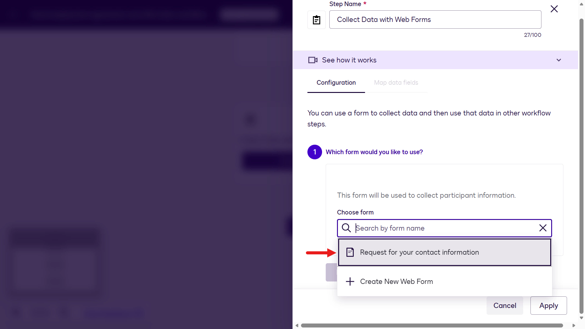 Select Request for contact information web form