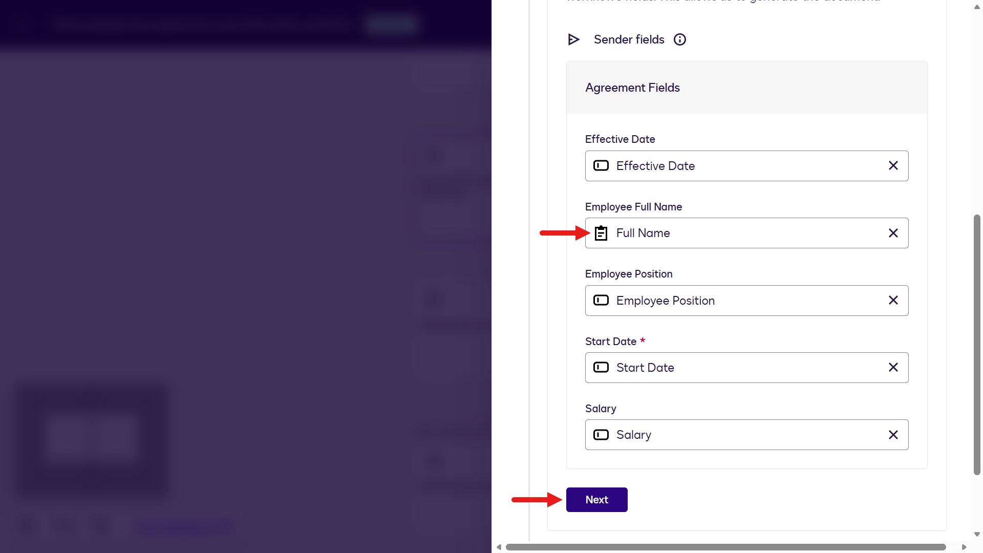 Agreement Fields configured