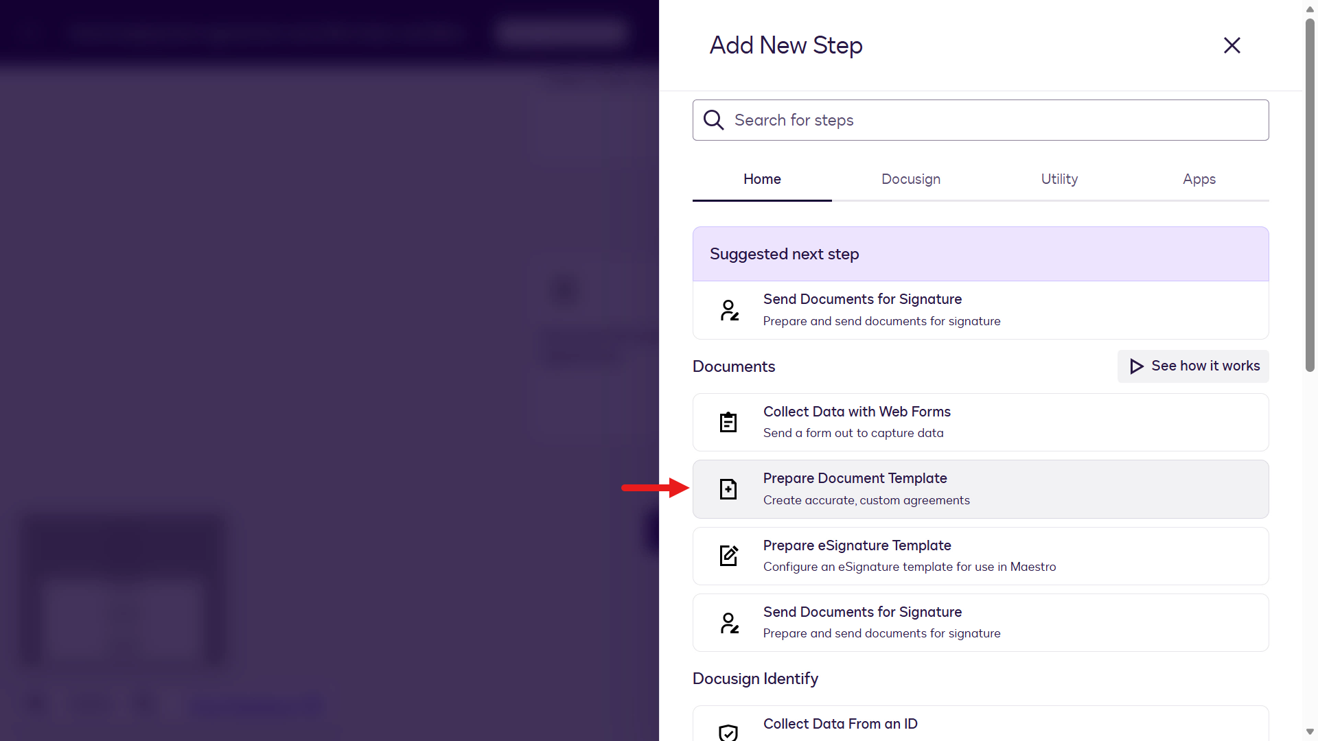 Select Prepare a Document Template step
