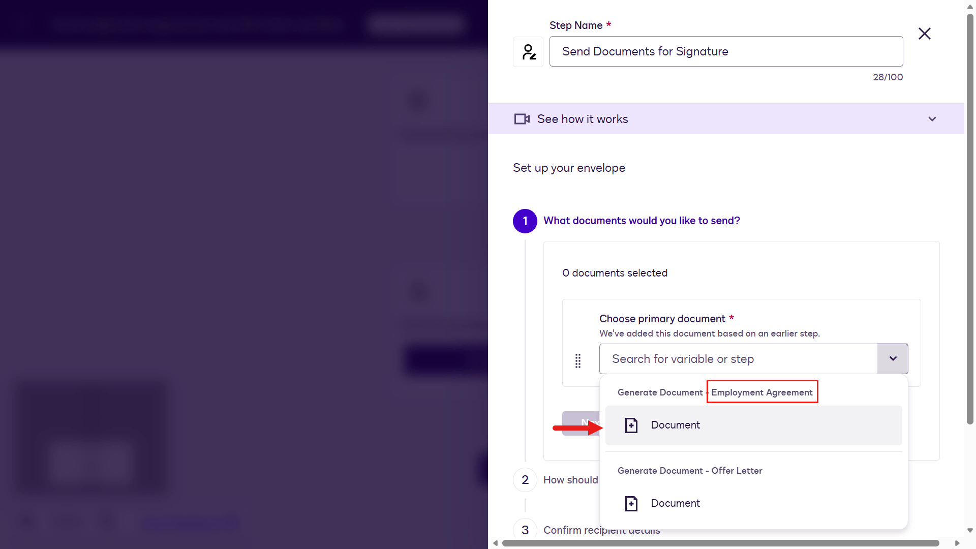 Select Generate Document - Employment Agreement variable