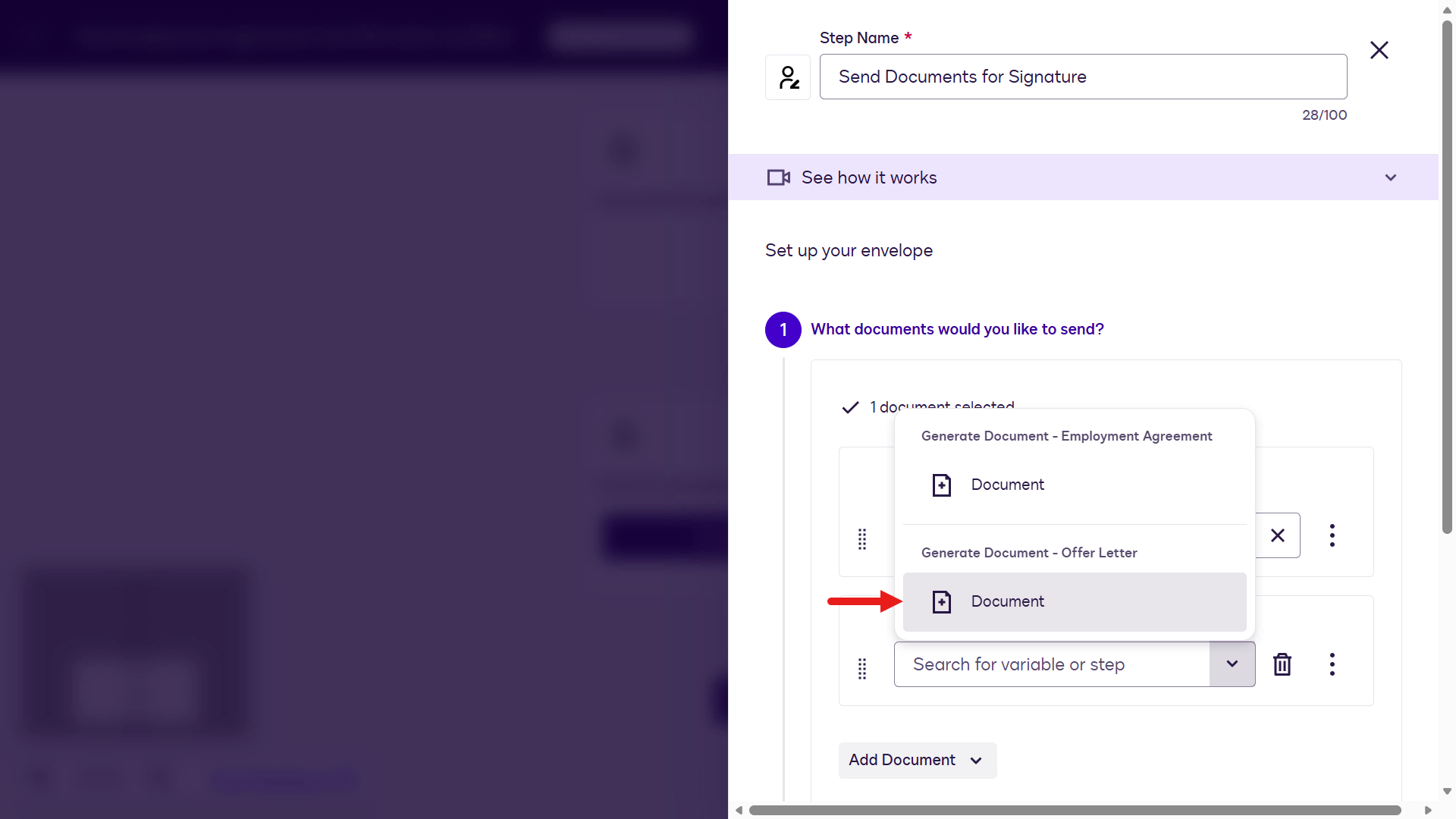 Select Generate Document - Offer Letter variable