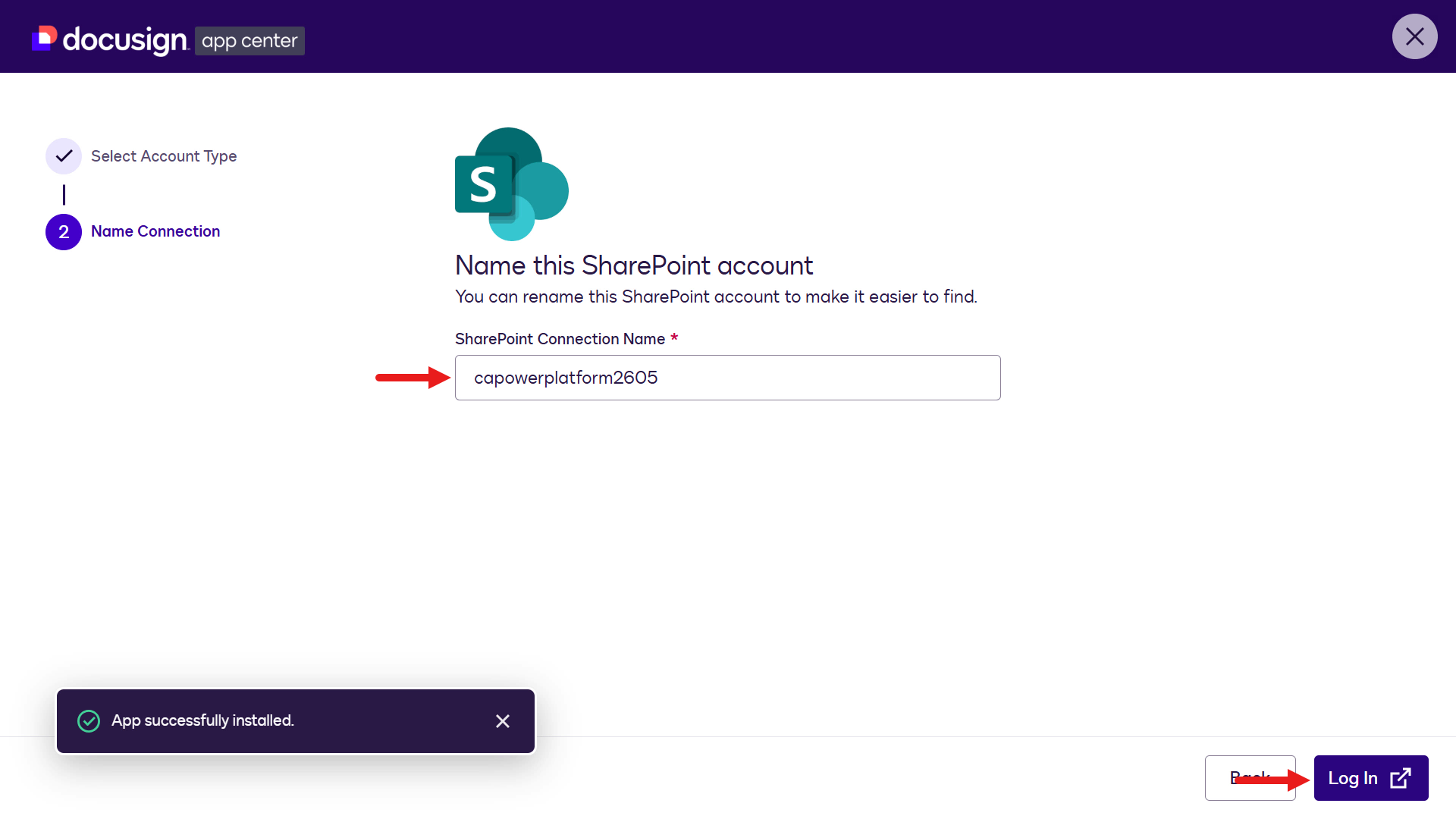 Enter name for SharePoint account