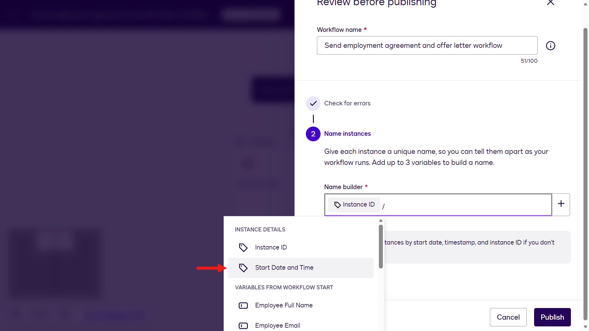 Select Start Date and Time variable