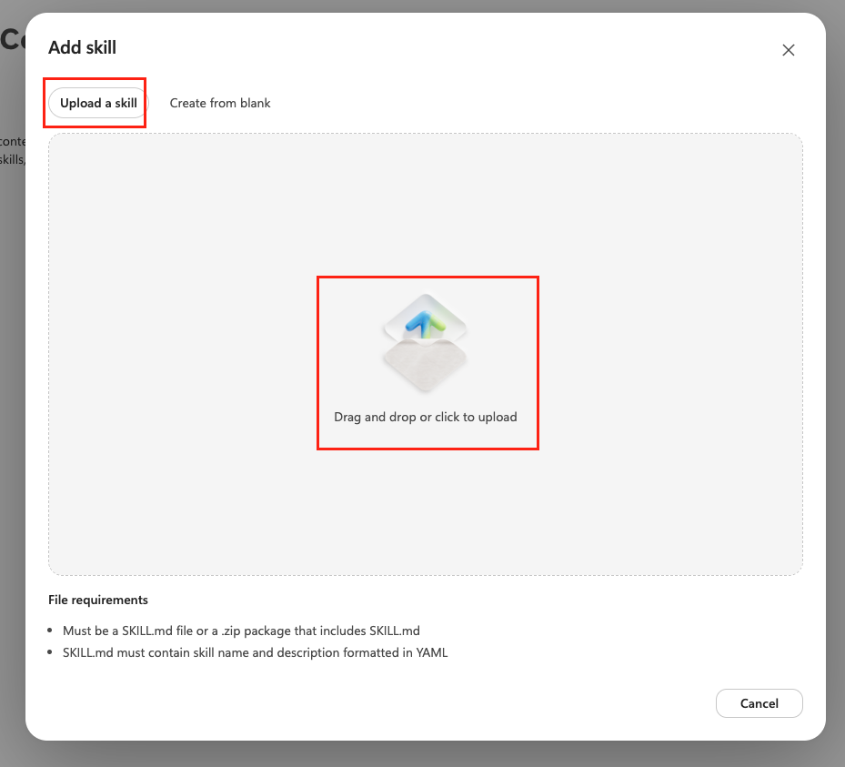 Upload a skill tab in the Add skill dialog