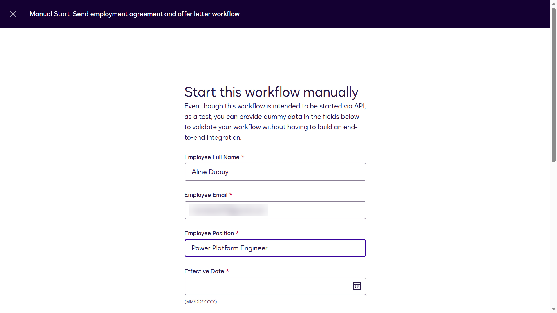 Enter the values for Workflow Start Variables