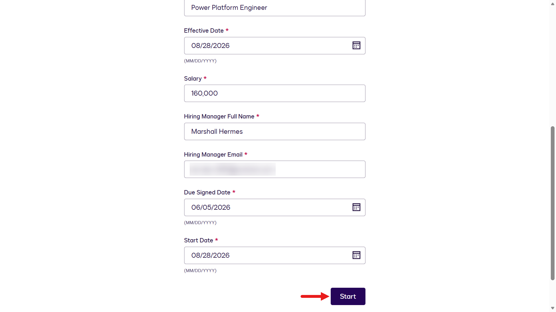 Enter the values for Workflow Start Variables