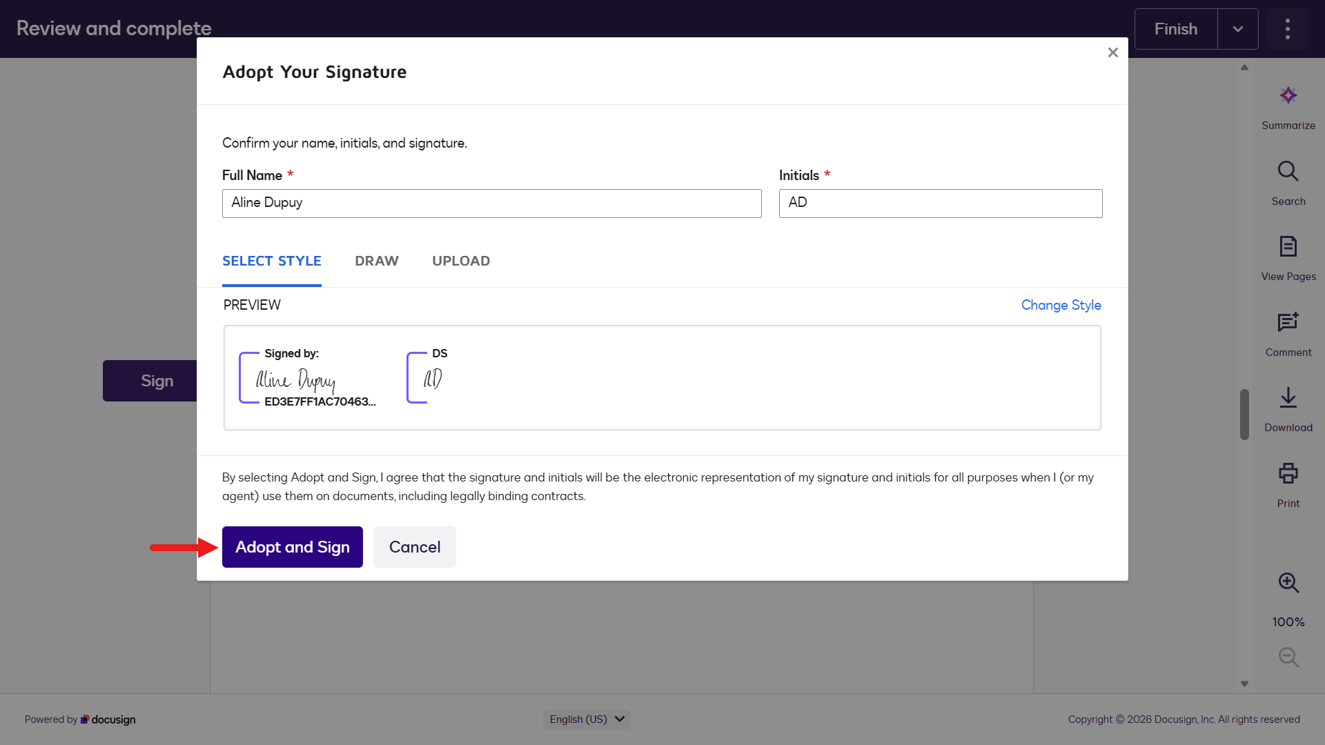 Select Adopt and Sign