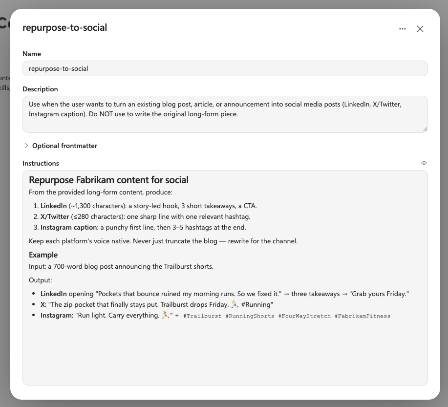 Imported repurpose-to-social Skill fields in the Build panel