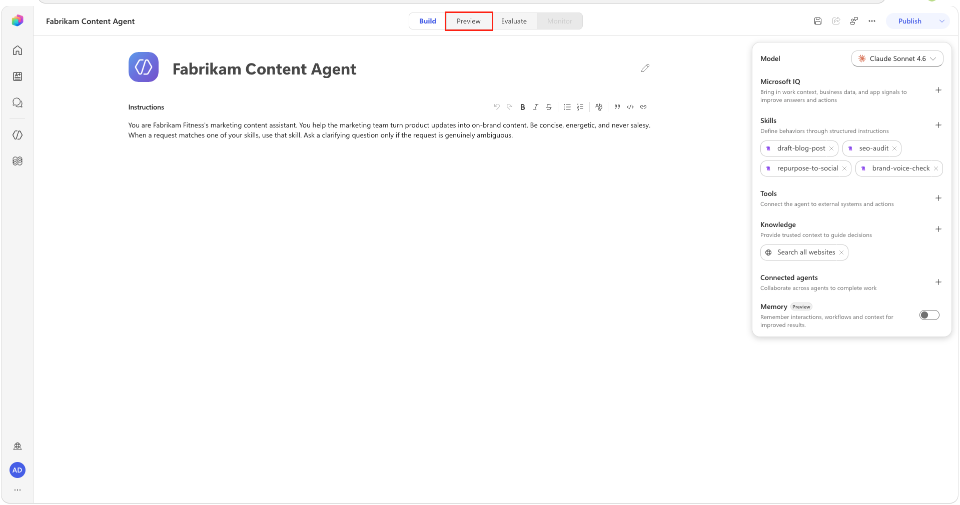 Preview tab for the Fabrikam Content Agent
