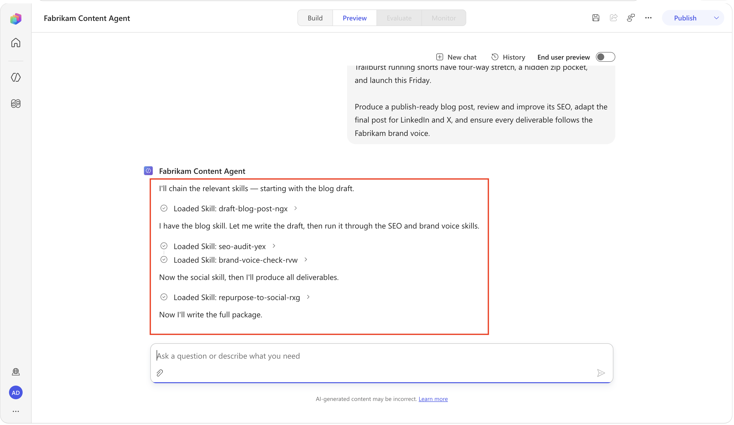 Activity trace showing four loaded Skills