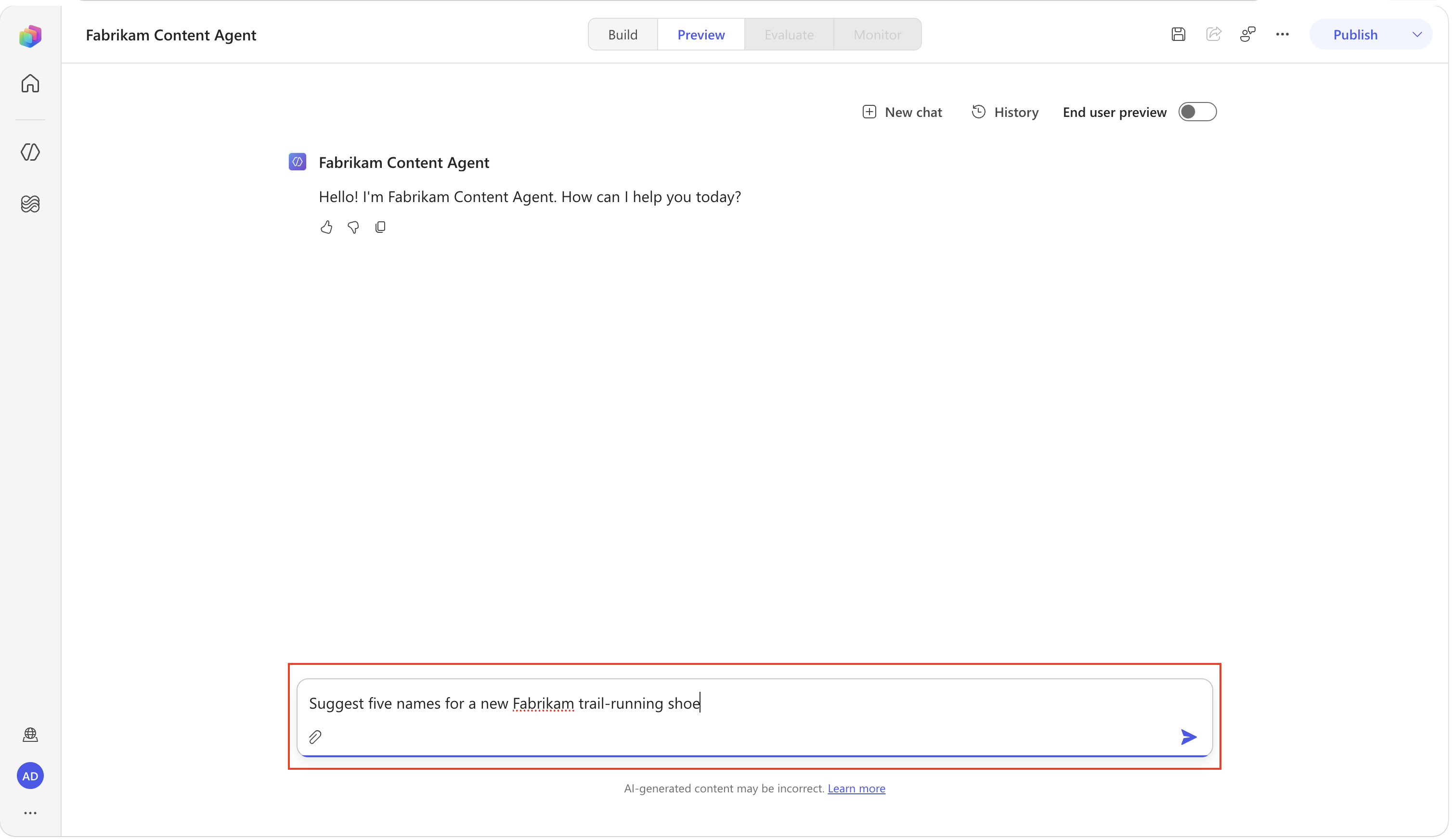 Product naming request entered in a new Preview chat