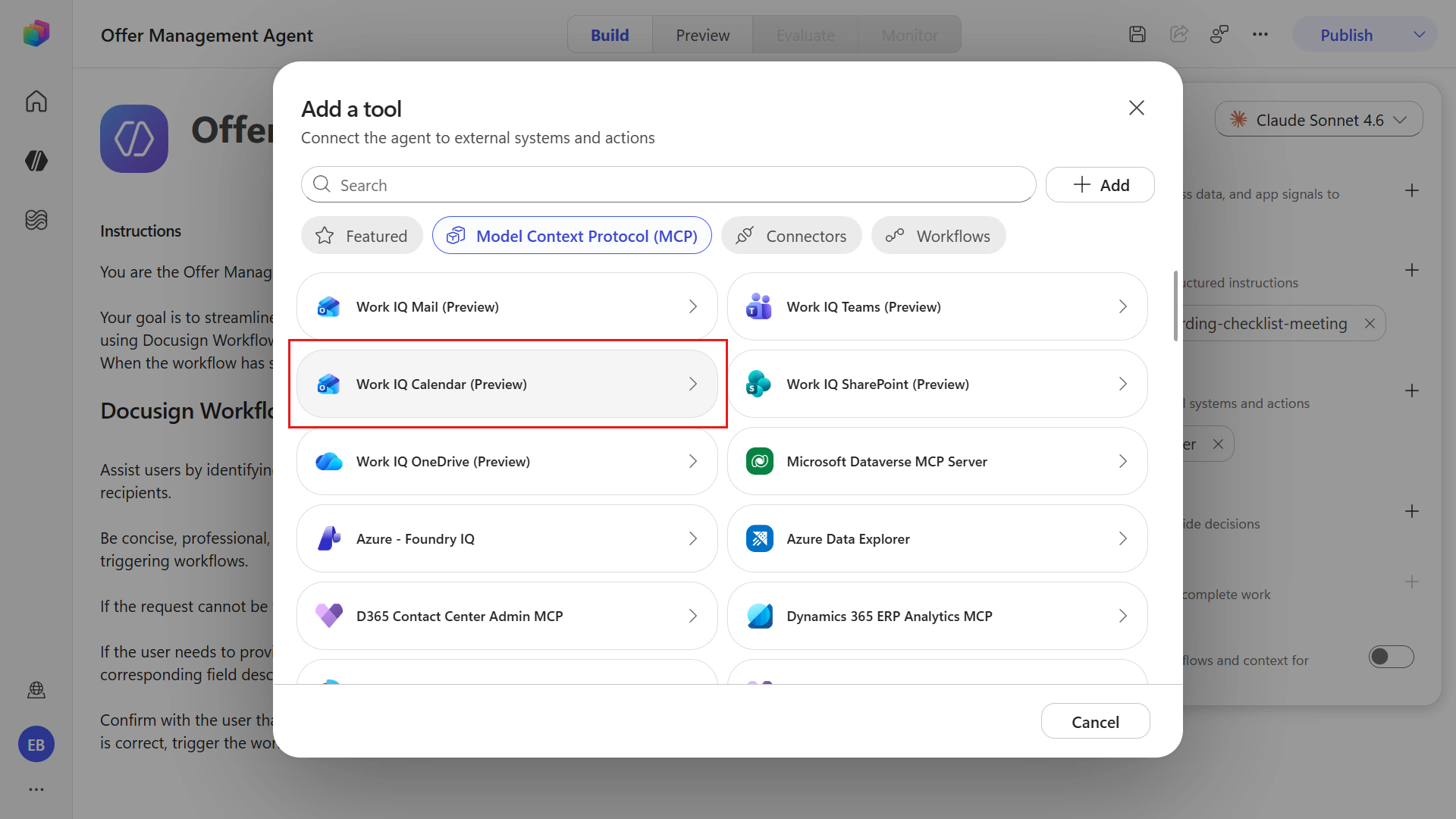 Select Work IQ Calendar (Preview tool)