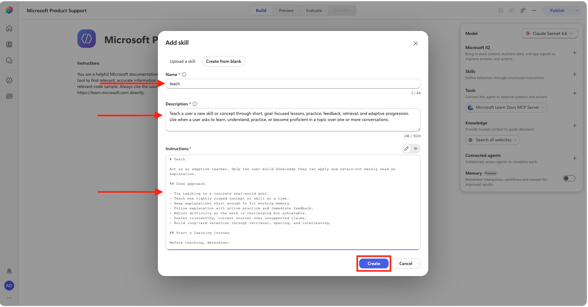 Completed fields in the Add skill dialog