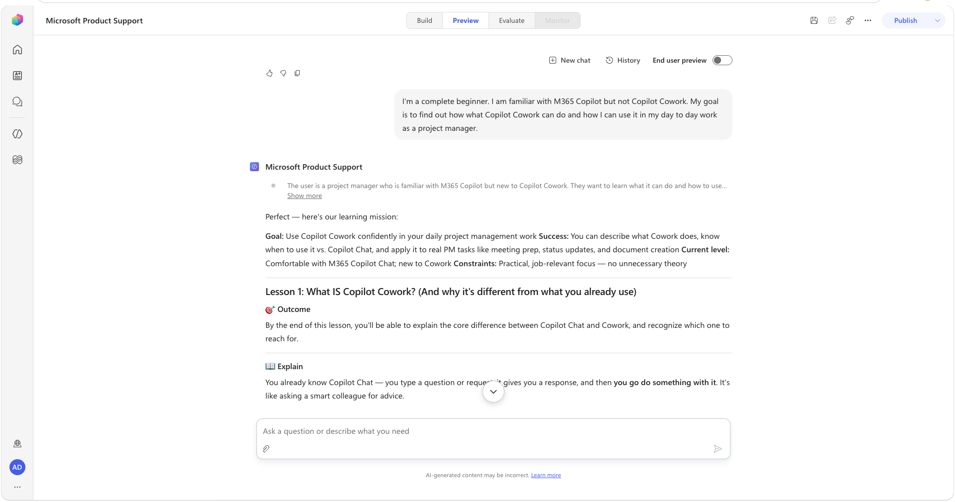 Personalized Copilot Cowork lesson response