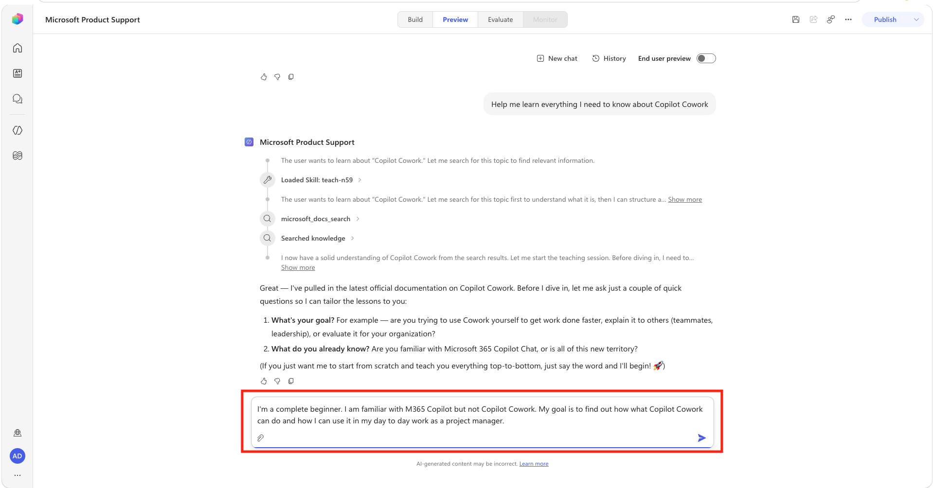 Learner experience and project manager goal response