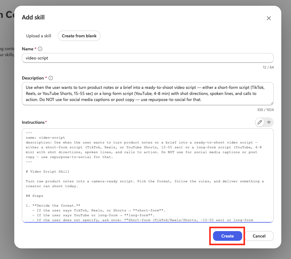 Create from blank fields for the video-script Skill